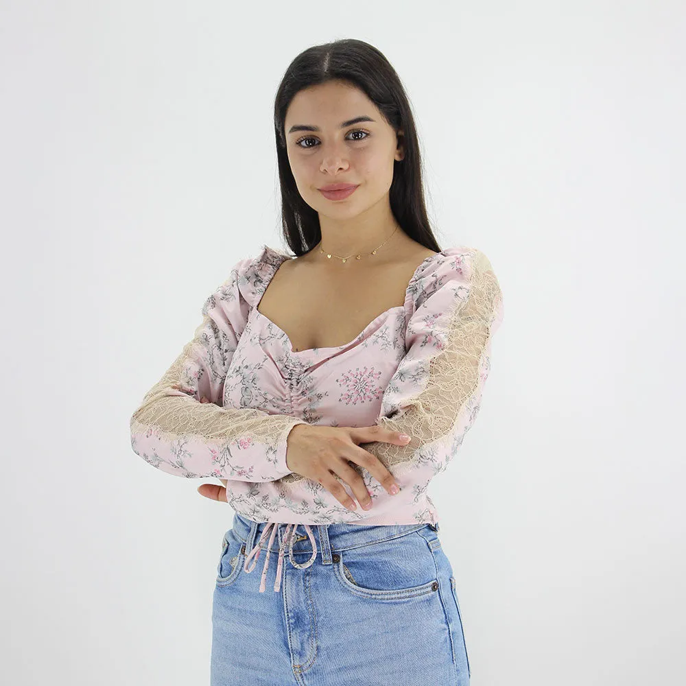 Damen Spitzenärmel gemustertes Top, Hellrosa