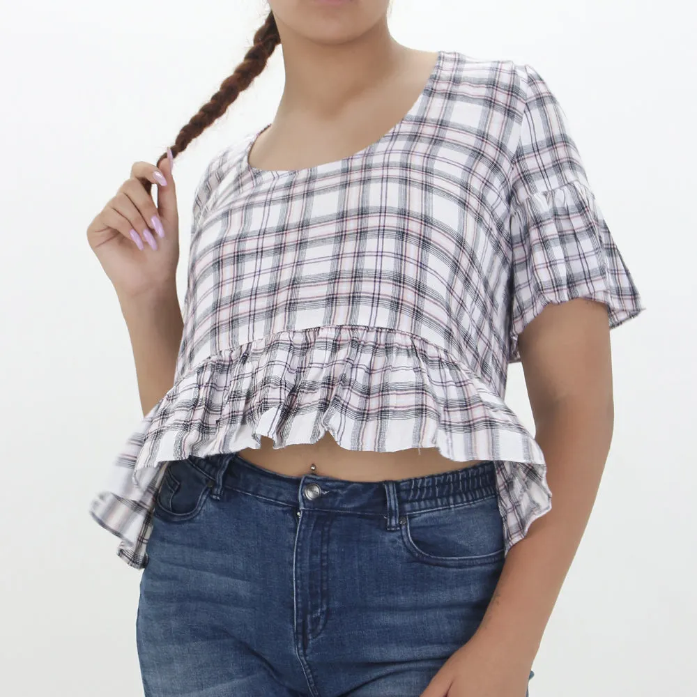 Damen-Karo-Rüschenbluse, Weiß