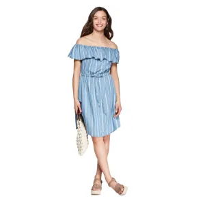 Damen Streifen Rüschen-Ausschnitt Schulterfreies Kleid, Hellblau