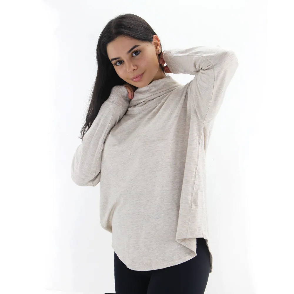 Damen Rollkragen-Washed Sweatshirt, Beige