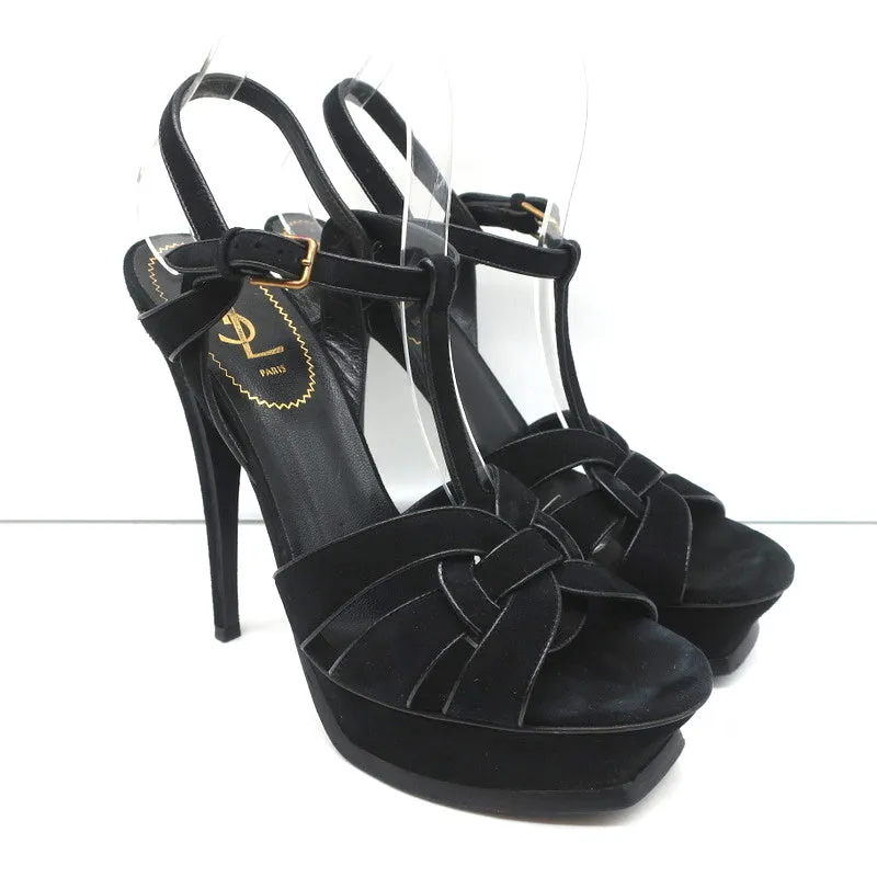 Yves Saint Laurent Tribute Plateau-Sandalen Schwarz Lederbesatz Wildleder Größe 39