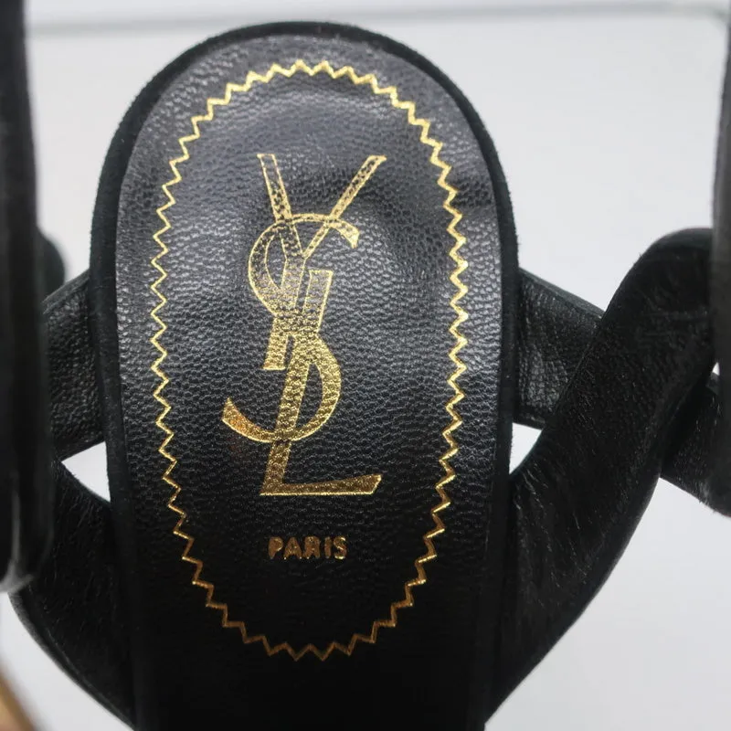 Yves Saint Laurent Tribute Plateau-Sandalen Schwarz Lederbesatz Wildleder Größe 39