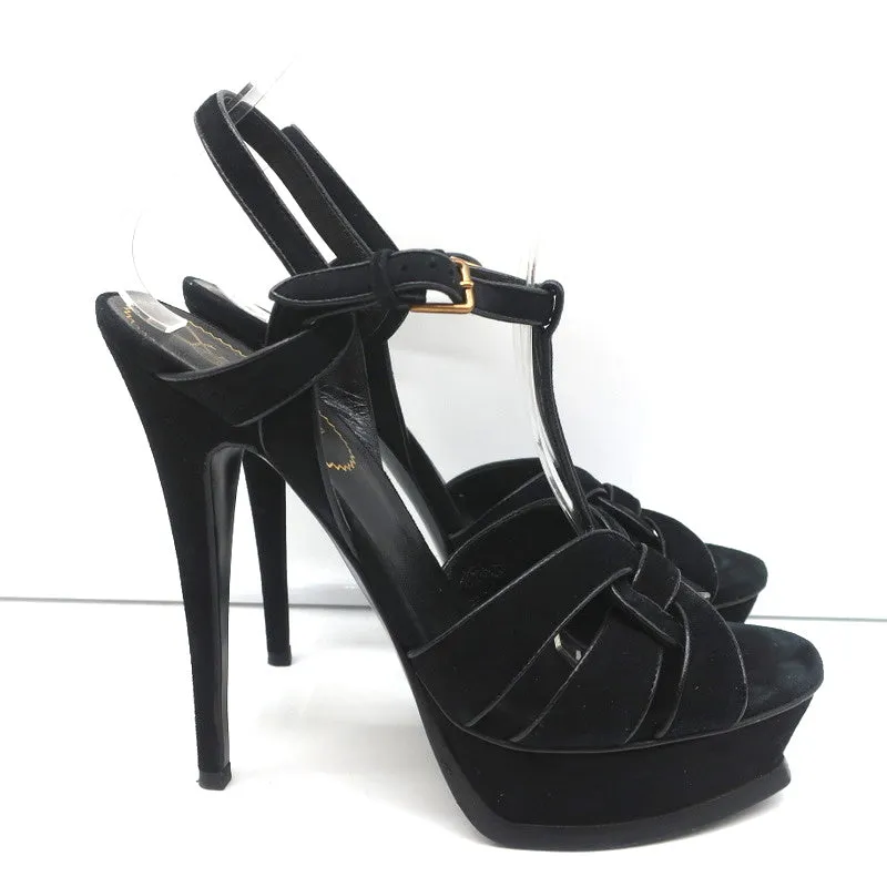 Yves Saint Laurent Tribute Plateau-Sandalen Schwarz Lederbesatz Wildleder Größe 39