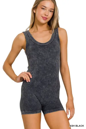 Zenana Stone Washed Rippenstruktur Nahtloser Sport-Overall NPW-6370 Asche-Schwarz